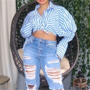 LOVETHIRTEEN Striped Puff Sleeve Button Top S